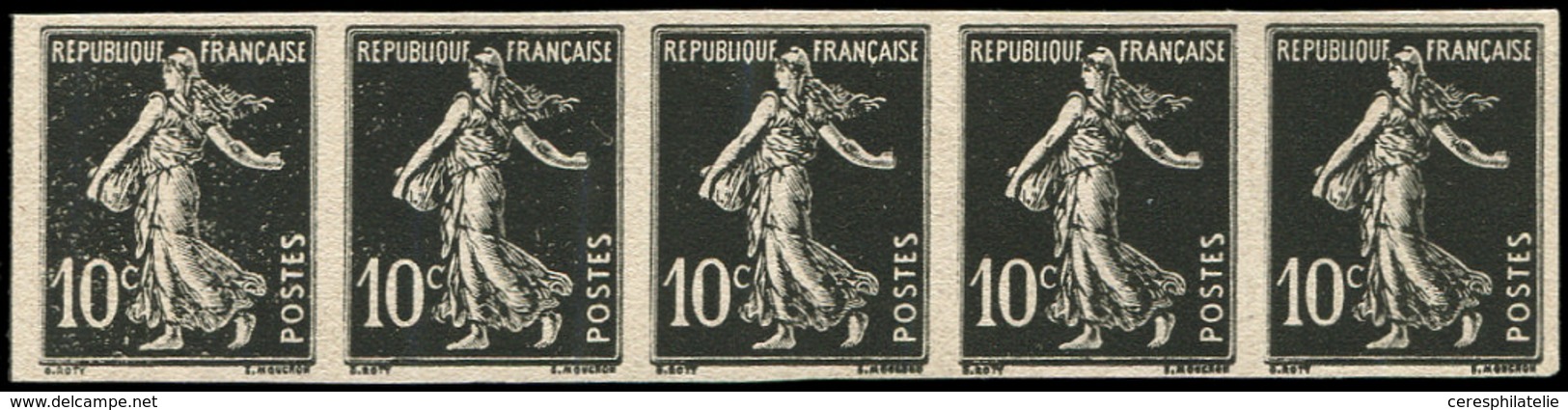 (*) VARIETES - 138   Semeuse Camée, 10c., Essai Haegelin En Noir, Papier Carton, Bande De 5 Bdf, TB. C - Unused Stamps