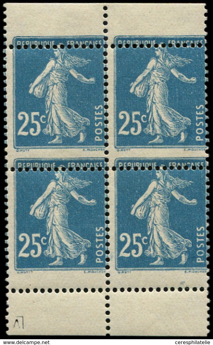 * VARIETES - 140f  Semeuse Camée, 25c. Bleu, T II, BLOC De 4 De Carnet Avec Bords, PIQUAGE à CHEVAL, TB - Unused Stamps