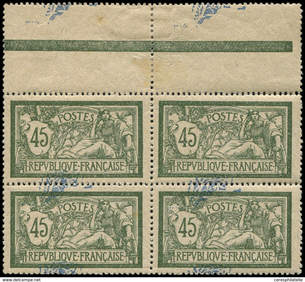 ** VARIETES - 143   Merson, 45c. Vert Et Bleu, Papier GC, Teinte De Fond à Cheval, BLOC De 4 Bdf Interp., Superbe - Nuovi