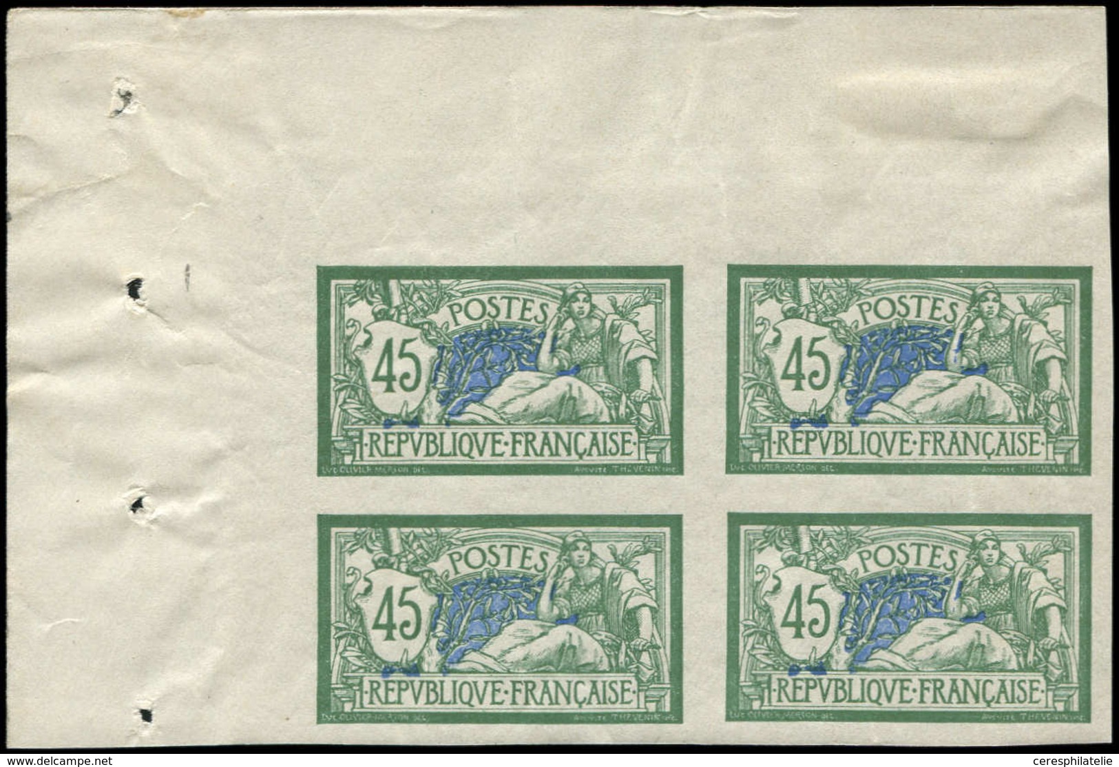 ** VARIETES - 143b  Merson, 45c. Vert Et Bleu, NON DENTELE, BLOC De 4 Cdf, TB - Unused Stamps