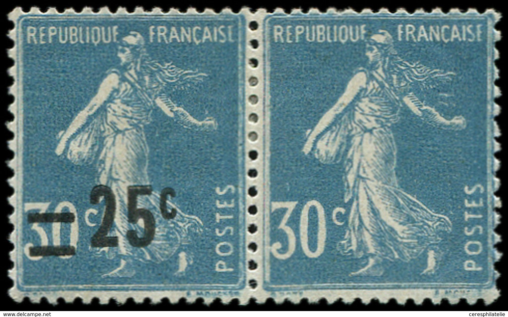 * VARIETES - 217f  Semeuse Camée, 25c. S. 30c. Bleu, Tenant à NON SURCHARGE, TB - Unused Stamps
