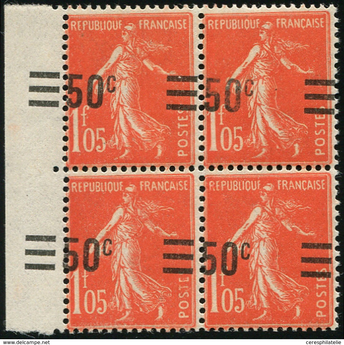 ** VARIETES - 225   Semeuse Camée, 50c. S. 1f.05 Vermillon, Surcharge A CHEVAL Et DEPLACEE Vers Le Haut, Valeur à Gauche - Unused Stamps