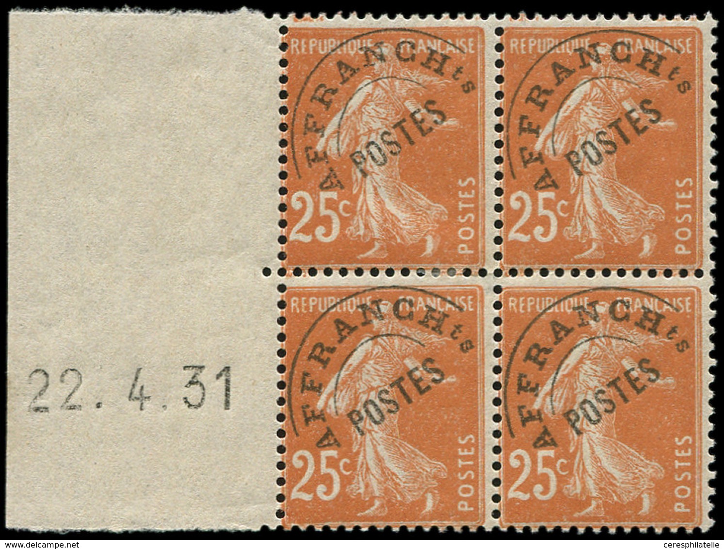 * VARIETES - 235a  Semeuse Camée, 25c. Jaune Brun, T IIIC, BLOC De 4 Bdf Gauche Daté 22/4/31, 2 Ex. **, TB - Unused Stamps