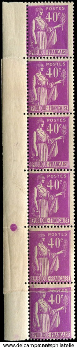 ** VARIETES - 281   Paix, 40c. Lilas, BANDE Verticale De 6 Bdf, Impression Sur RACCORD Sur 5 Ex., TTB. C - Unused Stamps