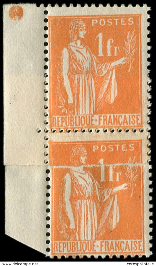 ** VARIETES - 286   Paix,  1f. Orange, Impression Sur RACCORD En PAIRE Verticale Bdf, TB - Unused Stamps