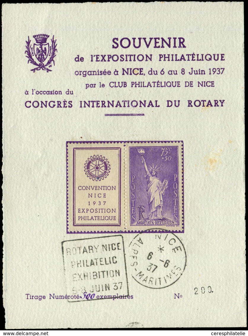 Let VARIETES - 309   Réfugiés, 75c. + 50c. Violet, Bdf "Convention Rotary Nice" Obl. DAGUIN 6/6/37 Sur Feuillet Souvenir - Unused Stamps