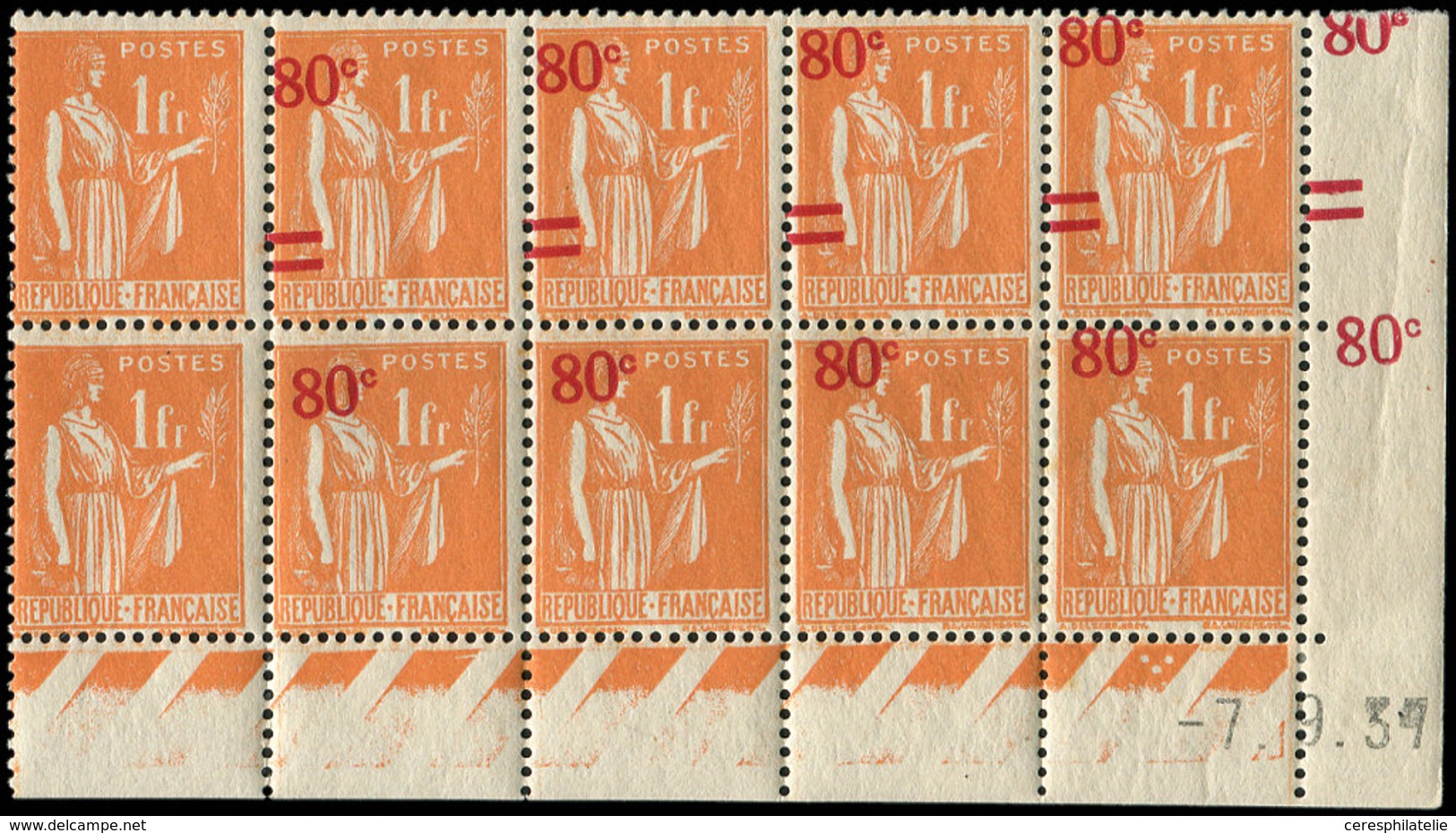 ** VARIETES - 359c  Paix, 80c. S. 1f. Orange, BLOC De 10 CD 7/9/39, Surcharge En BIAIS Sur 8 Ex. Et Bdf, 2 Ex. SANS Surc - Unused Stamps