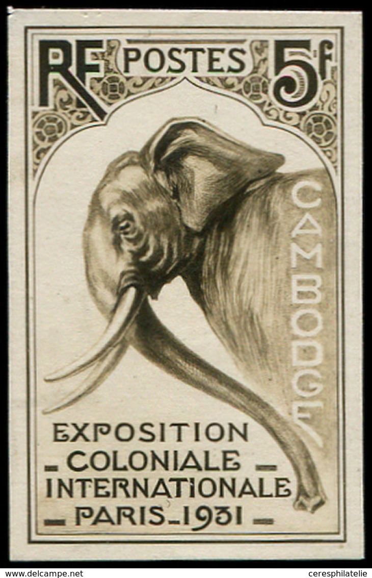 Collection Henri Cheffer - Exposition Coloniale 1931, Cambodge 5f. Eléphant, Projet Non Retenu, Petite Maquette En Sépia - Unclassified
