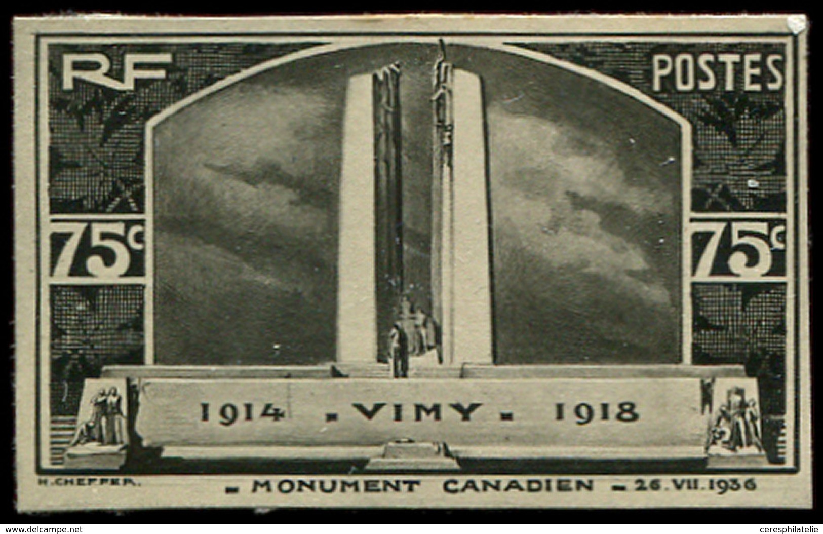 Collection Henri Cheffer - 316   Vimy, 75c., Maquette Au Format Du Timbre, TB - Unclassified