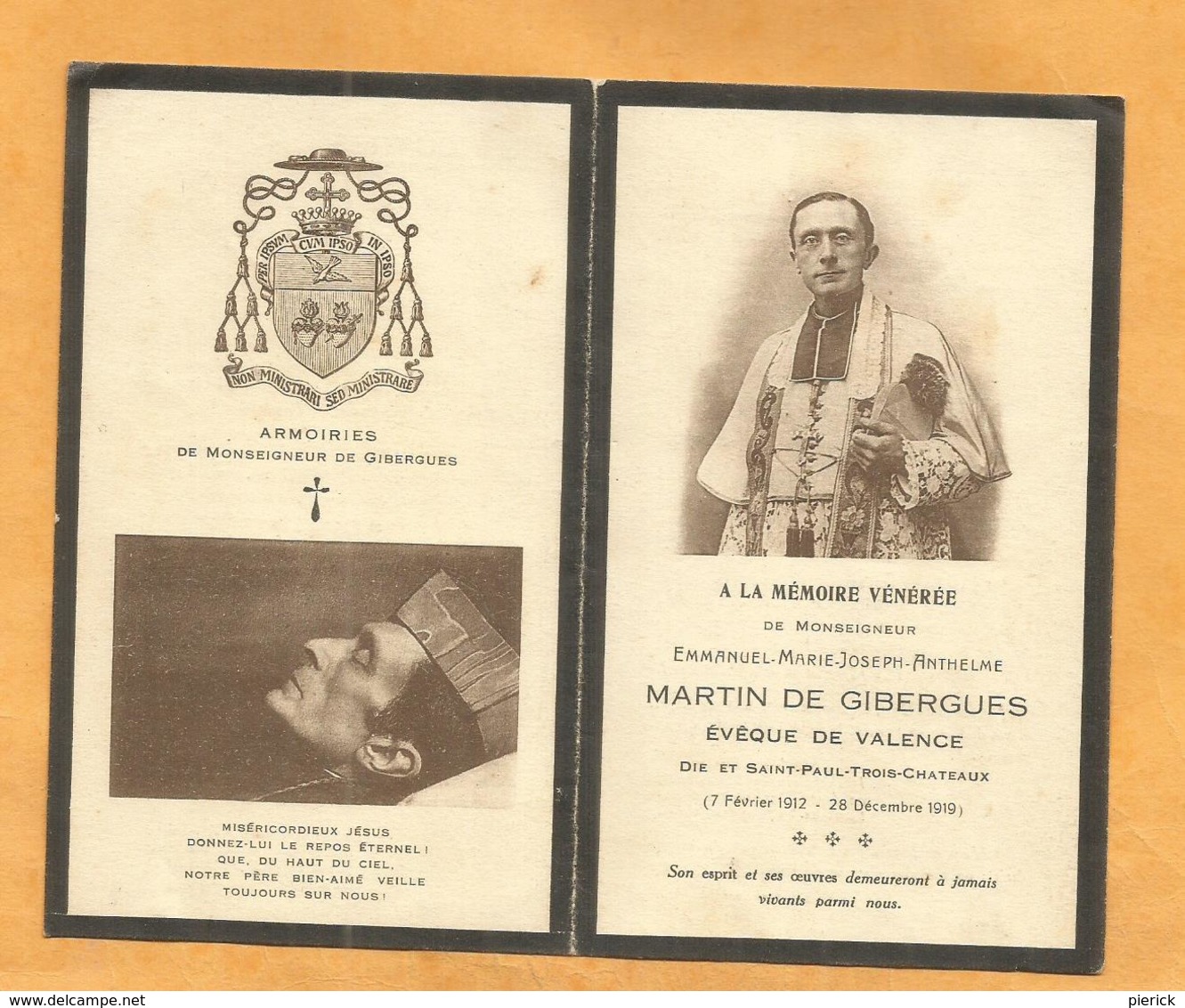 CARTE MEMOIRE  MORTUAIRE GENEALOGIE FAIRE PART DECES EMMANUEL MARTIN DE GIBERGUES EVEQUE DE VALENCE   1855-1919 - Overlijden