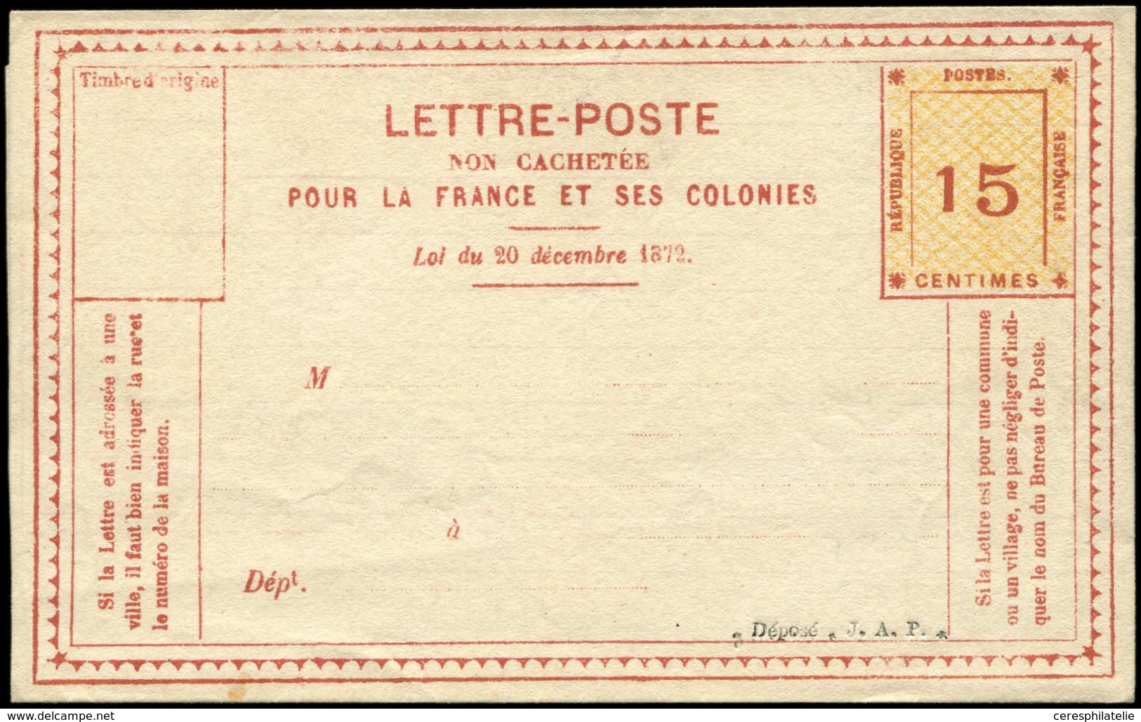 Let ENTIERS POSTAUX - 15c. Rouge Sur Jaune, Lettre Poste Non Cachetée (Sinais N°ESS 16C), Essai Privé Déposé J.A.P., R E - Other & Unclassified