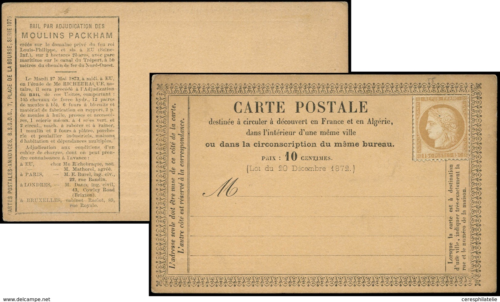 Let ENTIERS POSTAUX - N°55 15c. Bistre, Neuf Sur CP Annonce, Série 1075, MOULINS PACKHAM, Superbe - Other & Unclassified