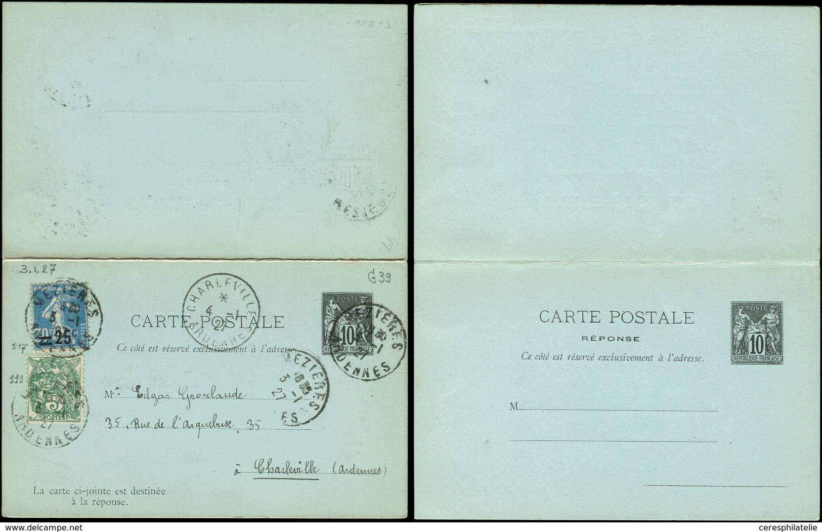 Let ENTIERS POSTAUX - Sage, 10c. Noir, CPRP N°G39 Affr. N°111 Et 217 Obl. MEZIERES 3/1/27, TB - Other & Unclassified