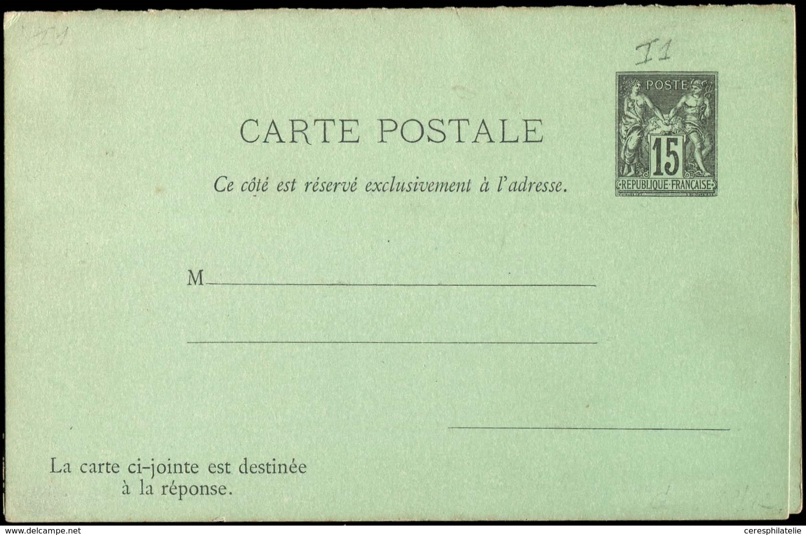 Let ENTIERS POSTAUX - Sage, 15c. Noir, CPRP N°I1, Carton Vert-jaune, TB - Autres & Non Classés