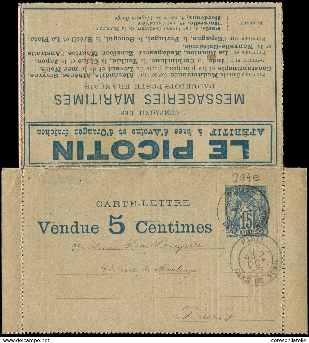 Let ENTIERS POSTAUX - Sage, 15c. Bleu, CL Annonces N°J34e, La Missive 4e édition Obl. PARIS 2/10/88 Sans Bord Inférieur, - Other & Unclassified