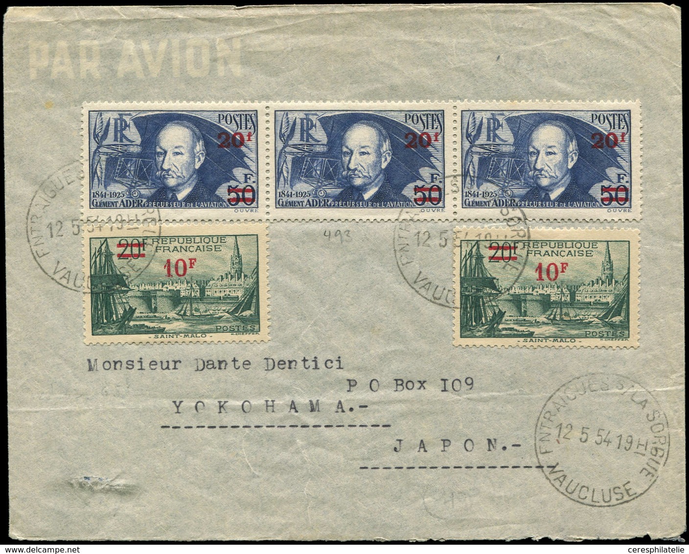 Let LETTRES DU XXe SIECLE - N°492 (2) Et 493 BANDE De 3 Obl. 12/5/54 Sur Env. Pour YOKOHAMA, TB - Storia Postale