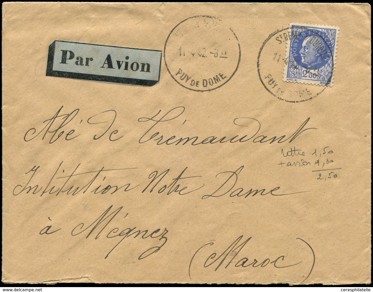 Let LETTRES DU XXe SIECLE - N°520 Obl. ST REMY-S-DUROLLE 11/4/42 S. Env. Par Avion Pour Le MAROC, TB - Storia Postale