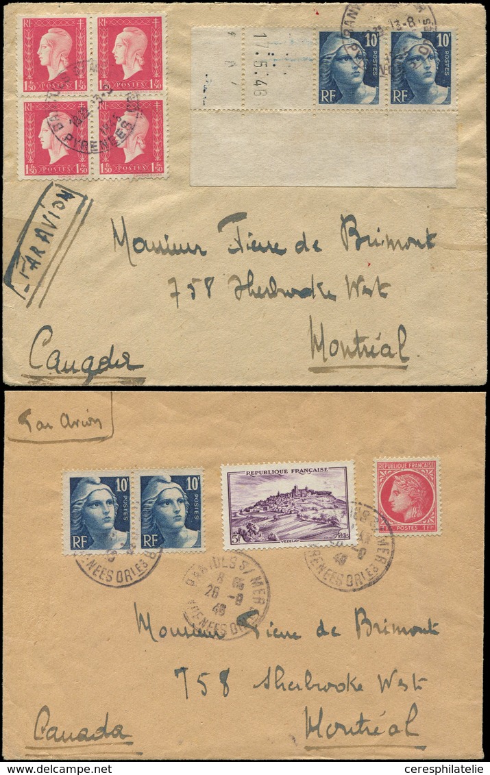 Let LETTRES DU XXe SIECLE - N°691 BLOC De 4 Et 726 PAIRE, N°676, 726 PAIRE Et 759 Obl. Sur 2 Env. Par Avion De 1946 Pour - Covers & Documents