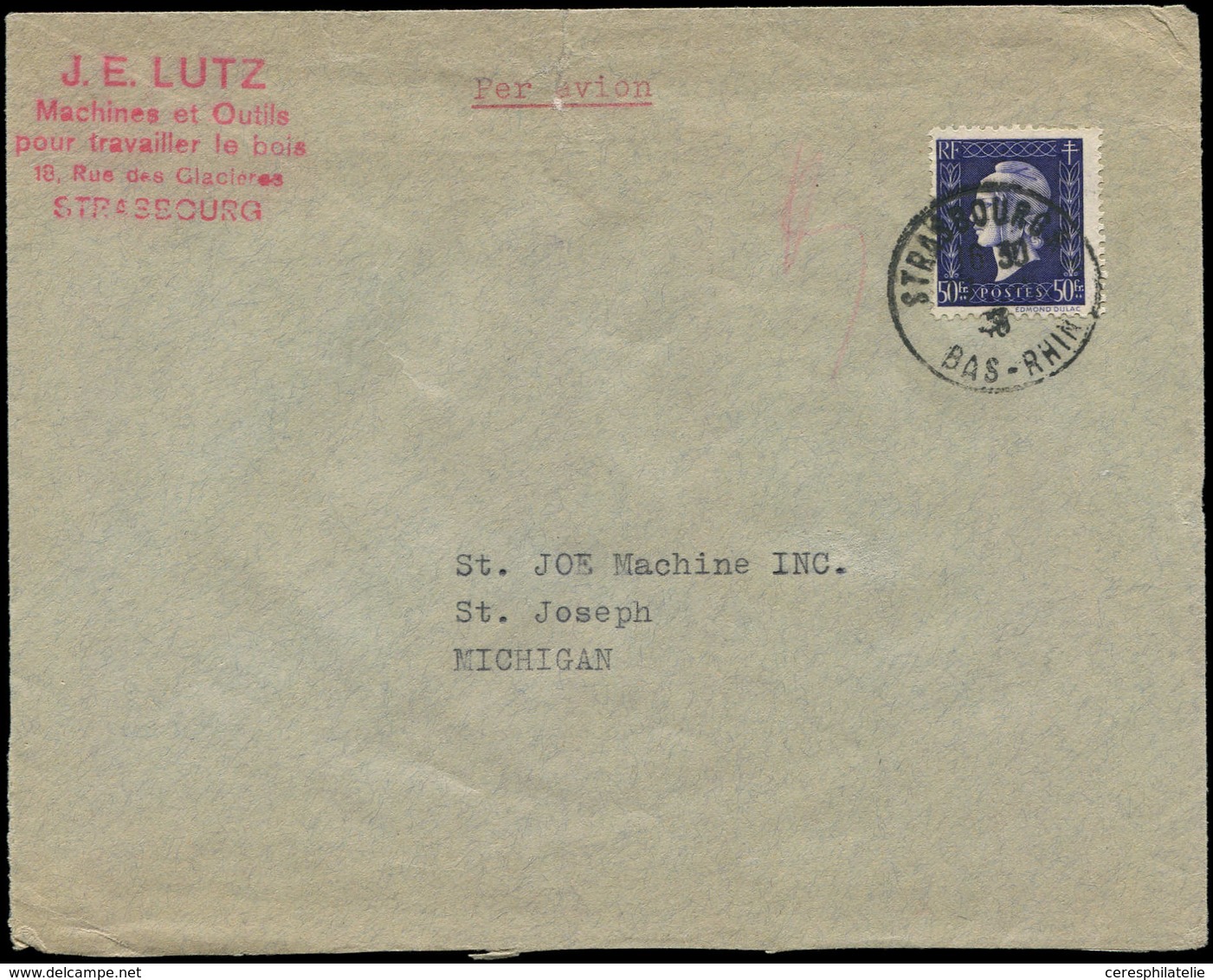 Let LETTRES DU XXe SIECLE - N°701 Obl. Strasbourg 17/( )/46 S. Env. Pour Les ETATS-UNIS, TB - Covers & Documents