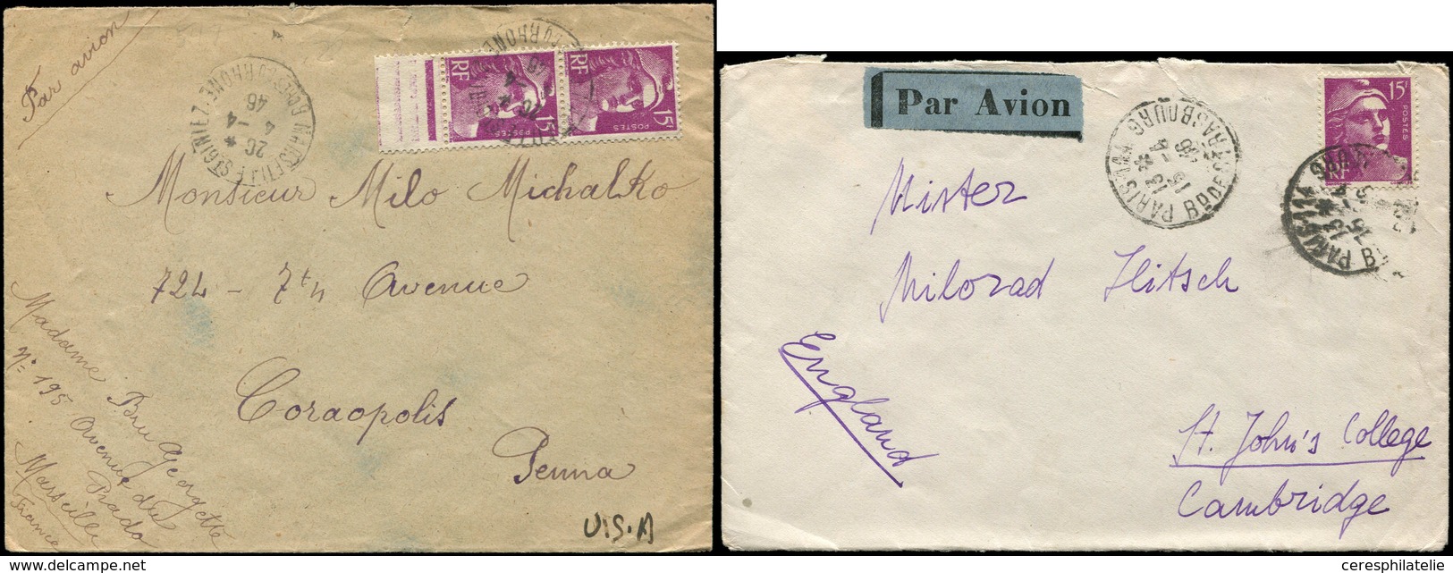 Let LETTRES DU XXe SIECLE - N°724 Obl. PARIS 15/4/46 Sur Env. Par Avion Pour CAMBRIDGE Et N°724 Paire Obl. MARSEILLE 4/4 - Covers & Documents