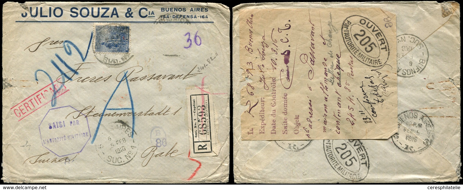 Let Guerre 1914/1918 - Lettre Rec. D'Argentine (timbres Décollés Par La Censure), Cachet "SAISI PAR L'AUTORITE MILITAIRE - WW I