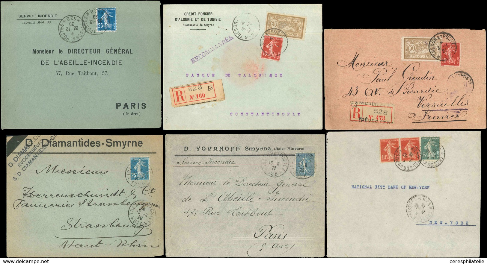 Let Guerre 1914/1918 - Lot De 6 Lettres Dont 2 Rec., Affranchissements Divers, Obl. Trésor Et Postes 528, Smyrne, TB - WW I