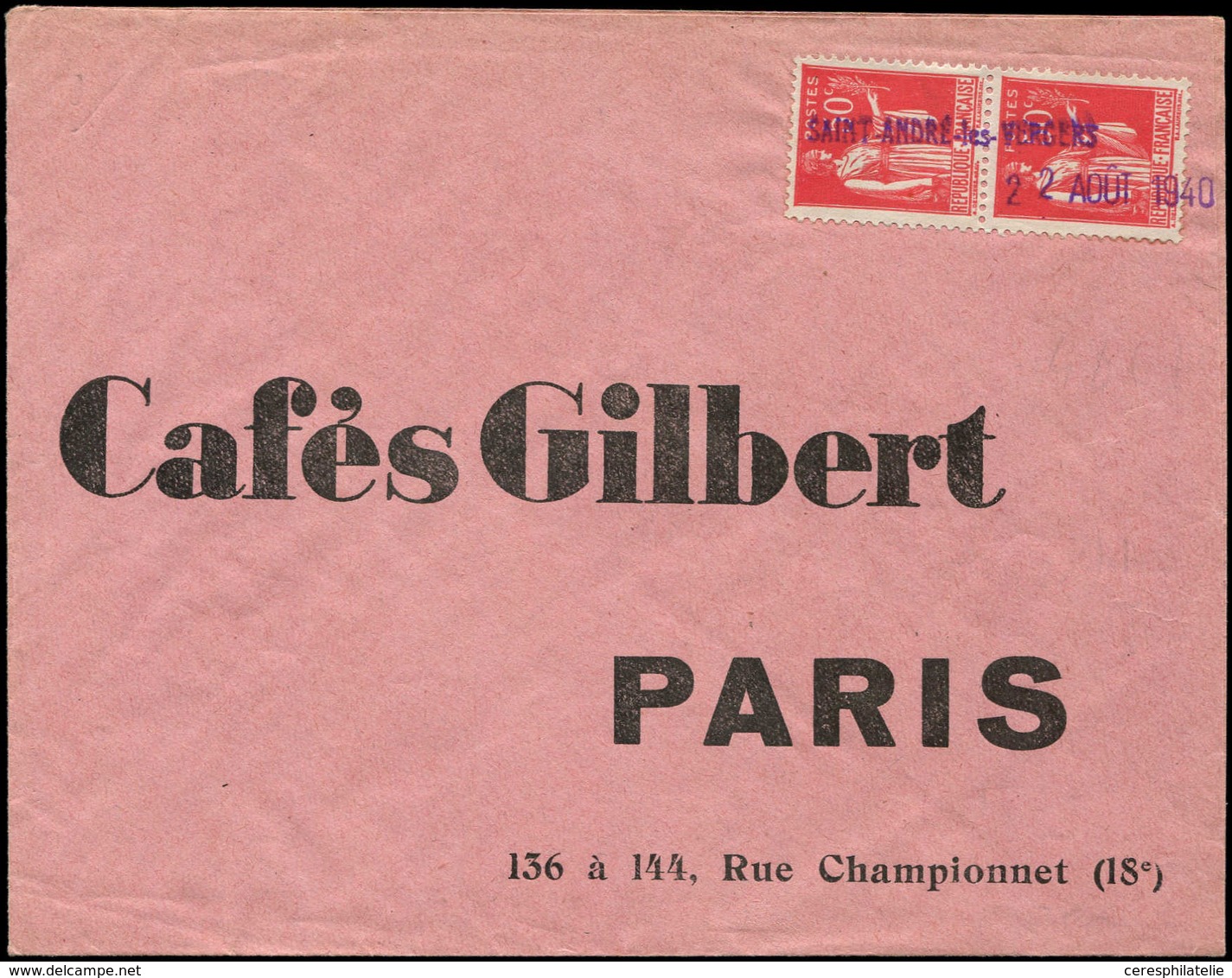 Let Guerre 1939/1945 - N°283 Paire Obl. Griffe SAINT-ANDRE-les-VERGERS/22 AOUT 1940 Sur Env., Cachet Provisoire, TB - WW II