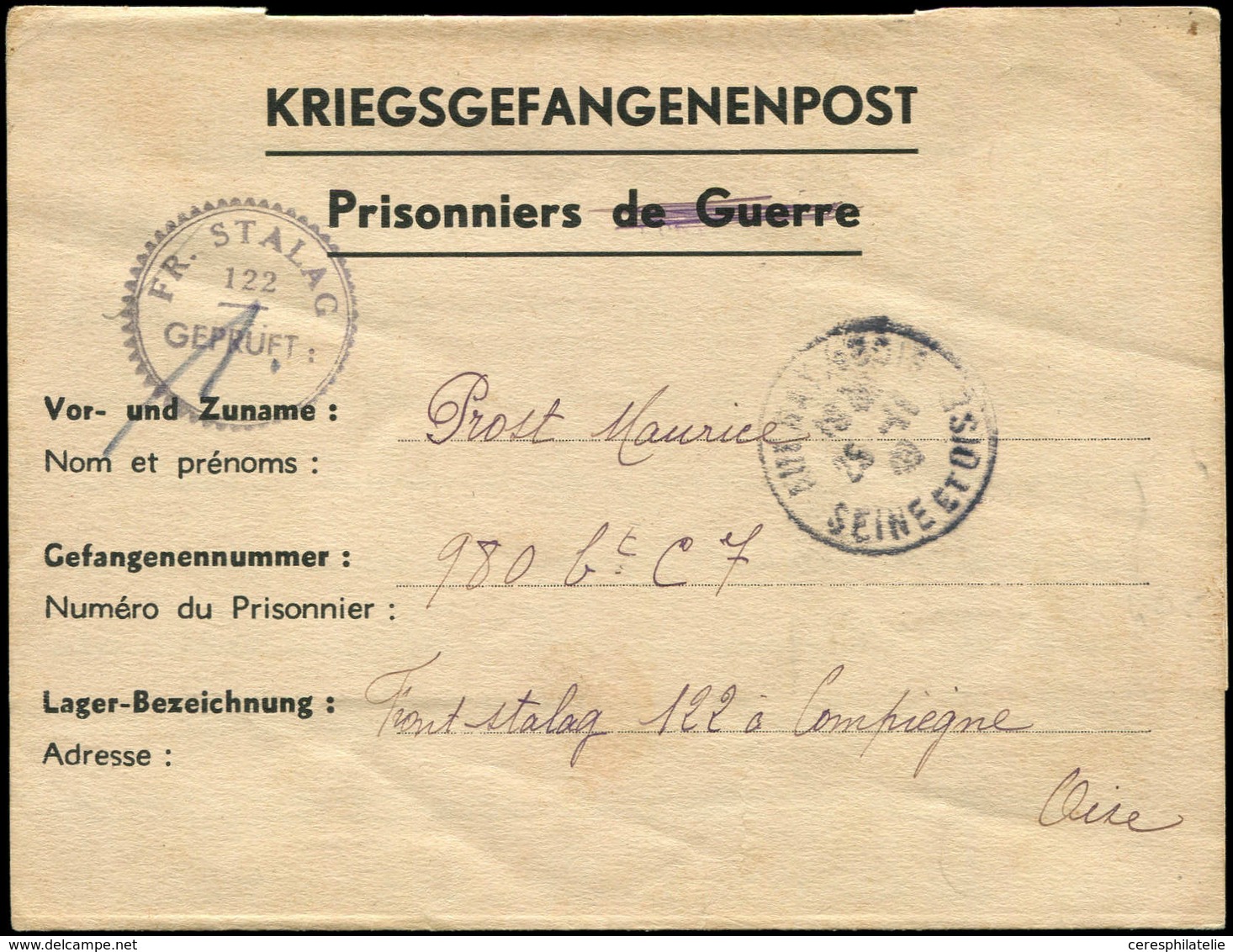 Let Guerre 1939/1945 - Formule Kriegsgefangenenpost Adressée à Un Détenu Au Camp De Compiègne Avec Censure FR.STALAG/122 - WW II