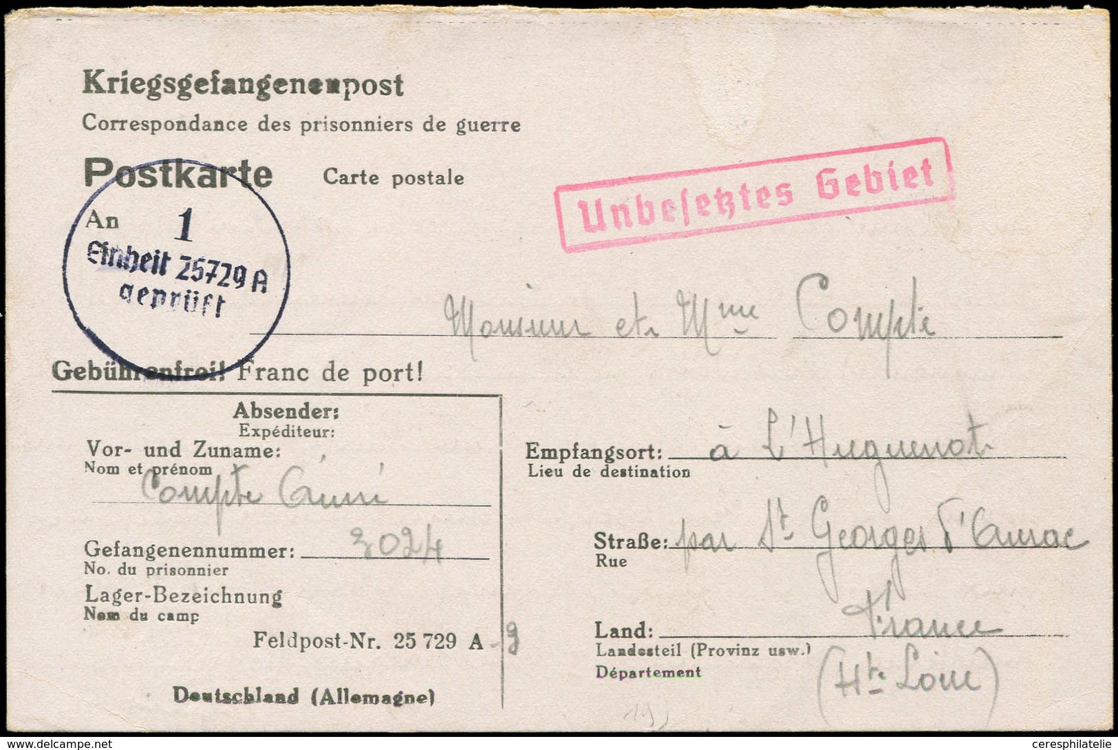 Let Guerre 1939/1945 - Formule Kriegsgefangenenpost Avec Censure 1/EINHEIT 25729A/Geprüft, 1942, TB - WW II