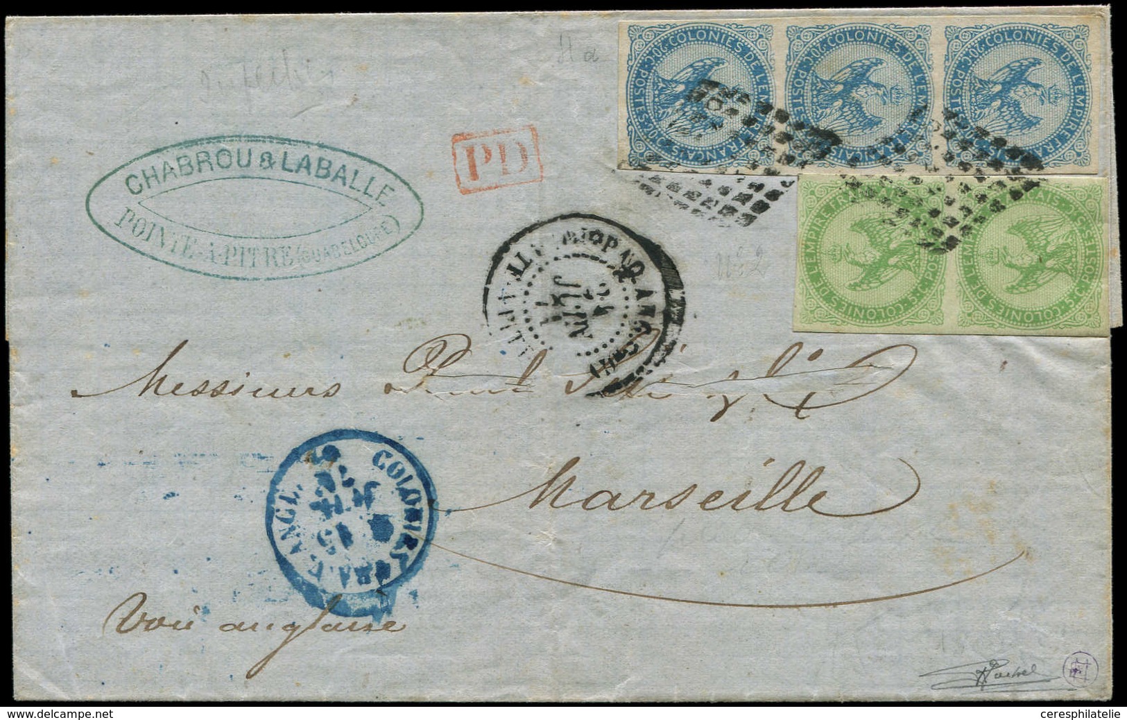 Let Colonies Générales - 2     5c. Vert PAIRE Et N°4 20c. Bleu BANDE De 3, Obl. Los. Sur LSC, Càd PAQ ANG ( )/(POIN)TE A - Autres & Non Classés