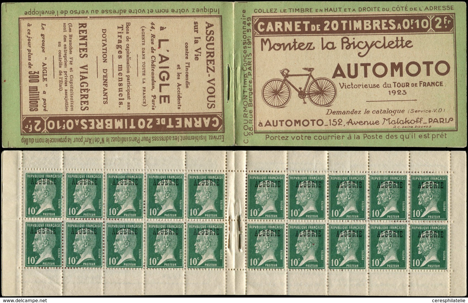 ALGERIE Carnet 1B : Pasteur, 10c. Vert, S. 49, AUTOMOTO/L'AIGLE, TTB, Cote Et N° Maury - Sonstige & Ohne Zuordnung