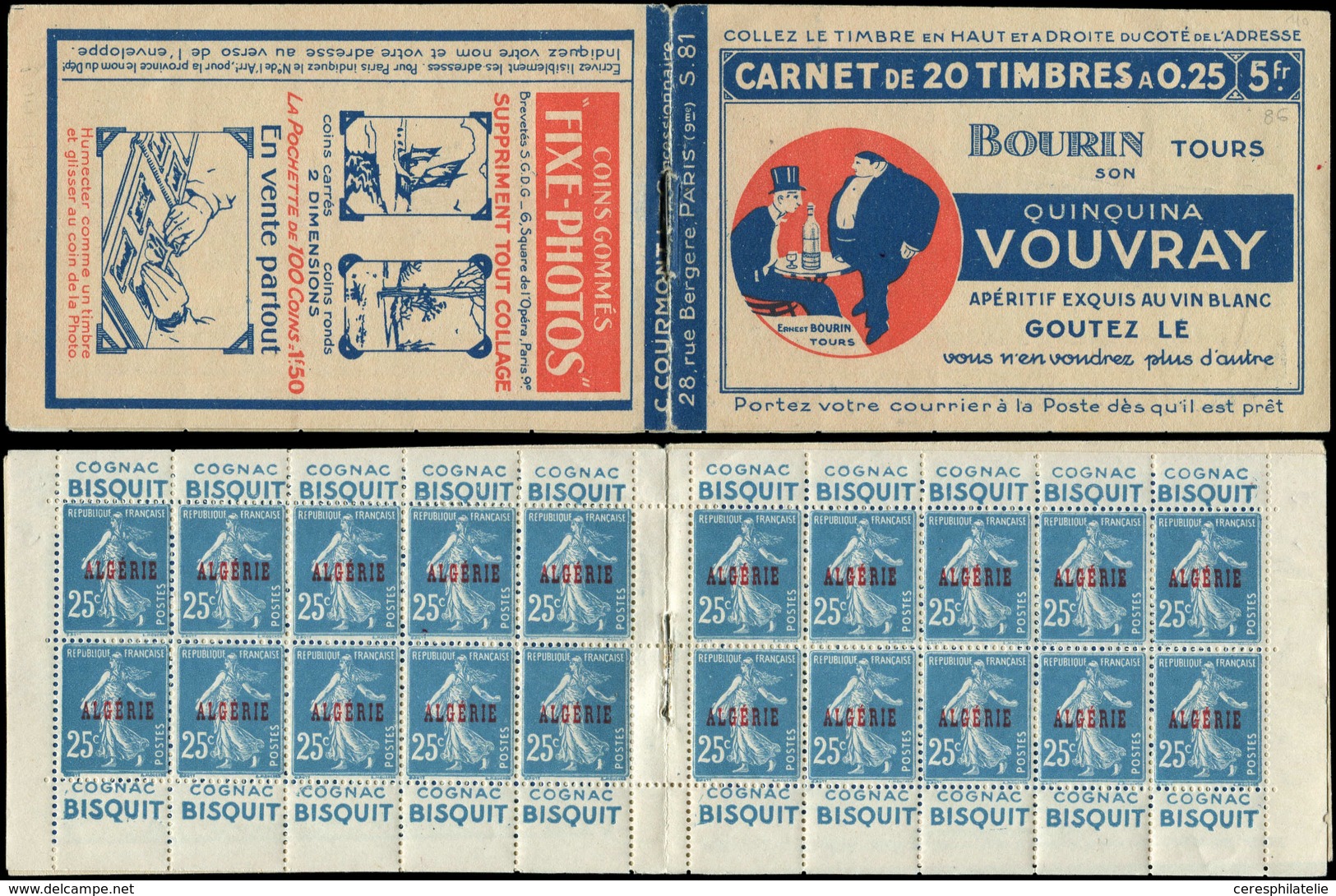 ALGERIE Carnet 2 : 25c. Bleu, S. 81, VOUVRAY/FIXE PHOTOS, TTB, Cote Et N° Maury - Sonstige & Ohne Zuordnung