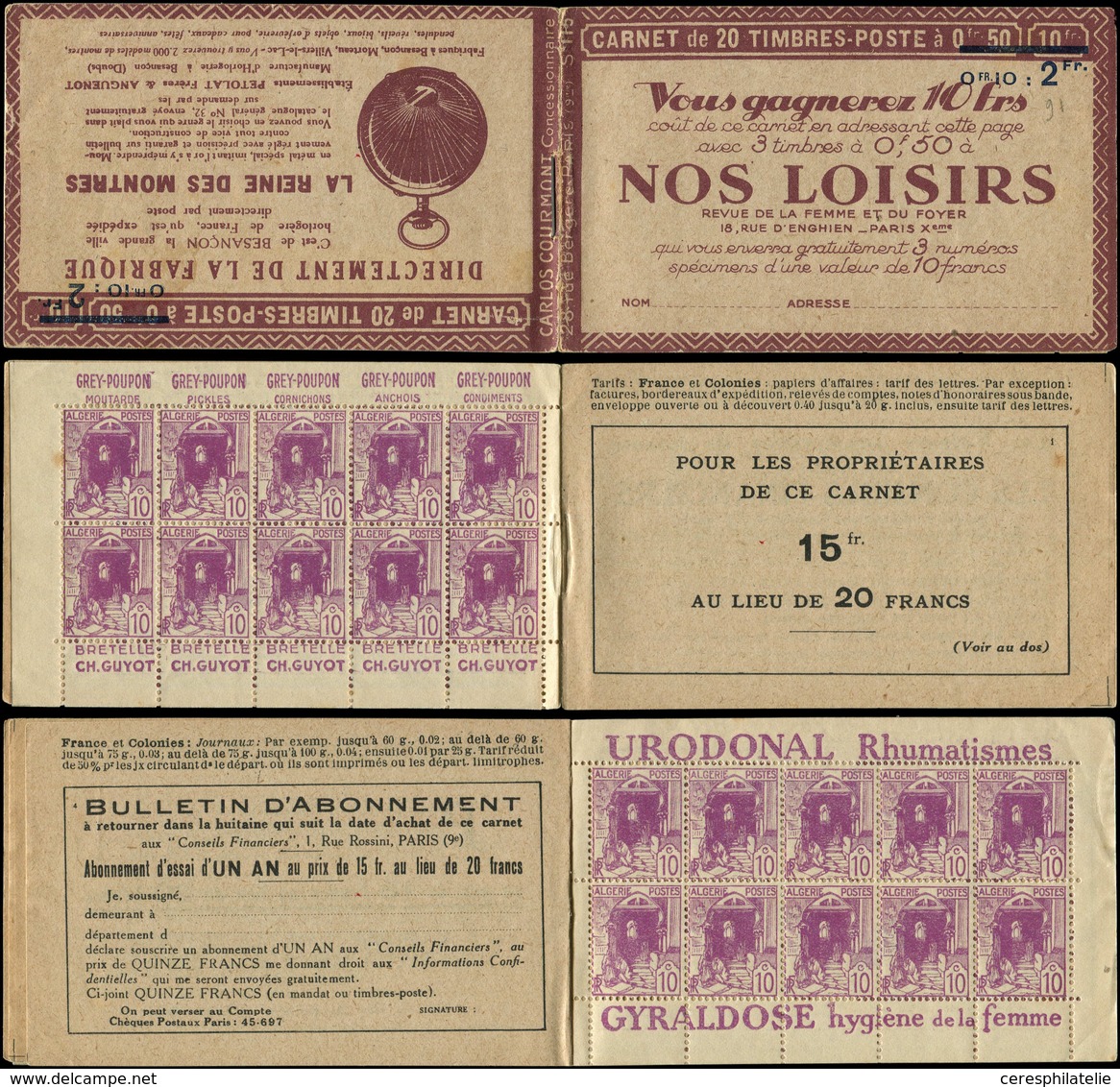 ALGERIE Carnet 7 : 10c. Lilas-rose, S. 115, NOS LOISIRS/REINE DES MONTRES, 1 Ex. Rouss., 2 Ex. Adh. De Couv., Sinon TB, - Other & Unclassified