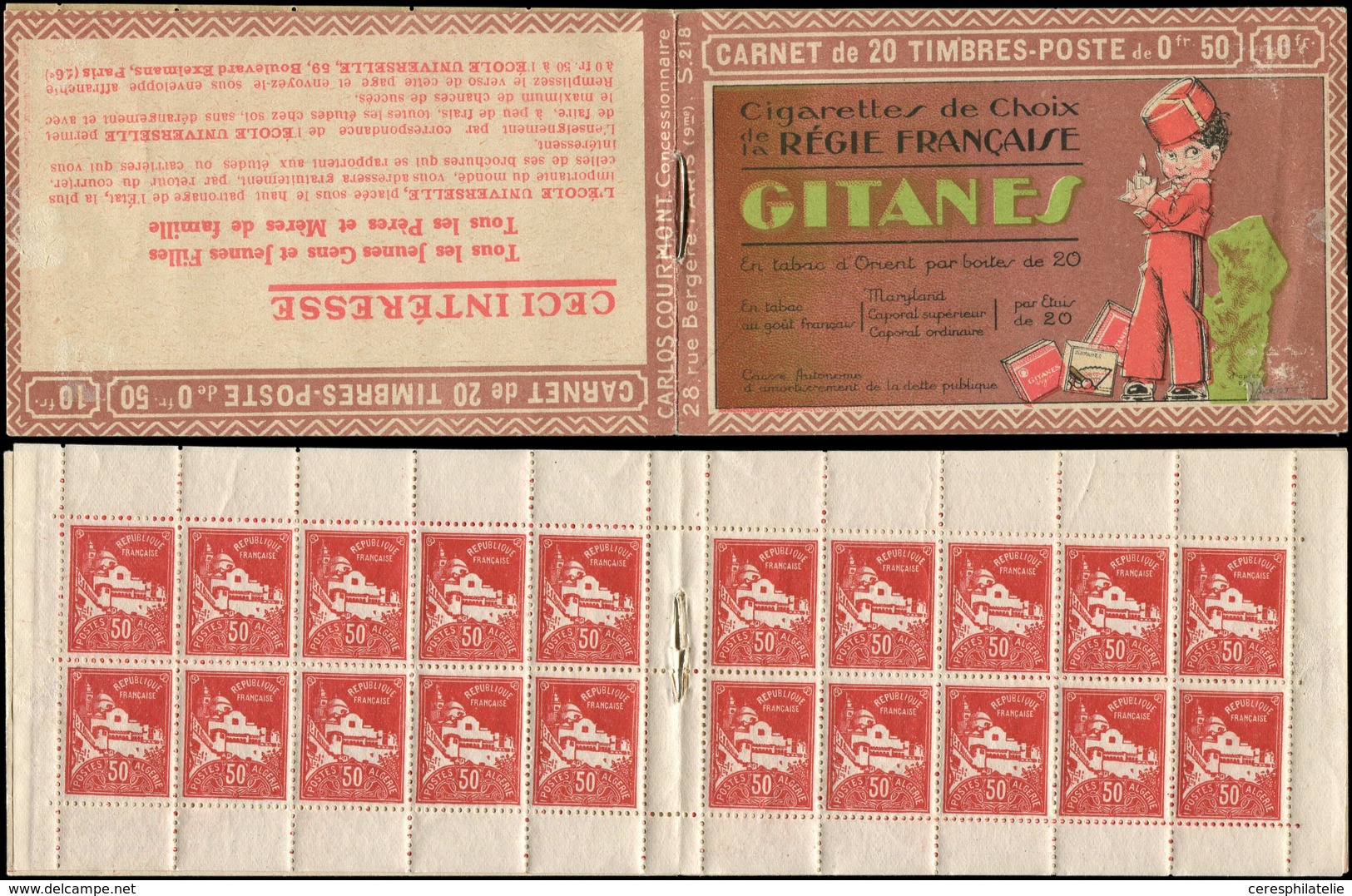 ALGERIE Carnet 14C : 50c. Rouge, S. 218, GITANES, C2 Revue, 2 Ex. Adh. De Couv., Sinon TB, Cote Et N° Maury - Sonstige & Ohne Zuordnung