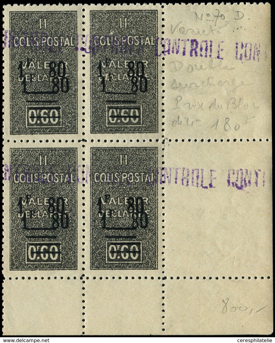 ** ALGERIE Colis Px 70d : 1f80 Sur 0f60 Noir, DOUBLE Surcharge Noire, BLOC De 4 Cdf, TB. Br - Parcel Post