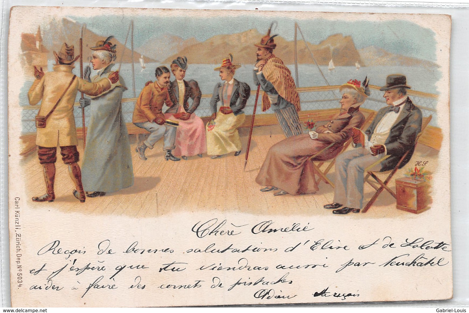 Litho - Personnages Sur Un Bateau - Vierwaldstättersee ? - Thunersee ? - Wald