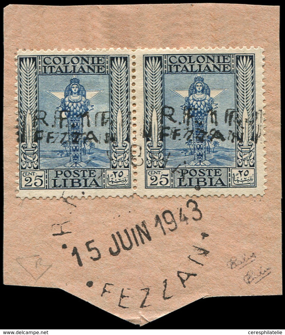 FEZZAN 19a : 1f. Sur 25c. Bleu Et Outremer, DOUBLE Surch., PAIRE Obl. S. Fragt, TB. C - Other & Unclassified