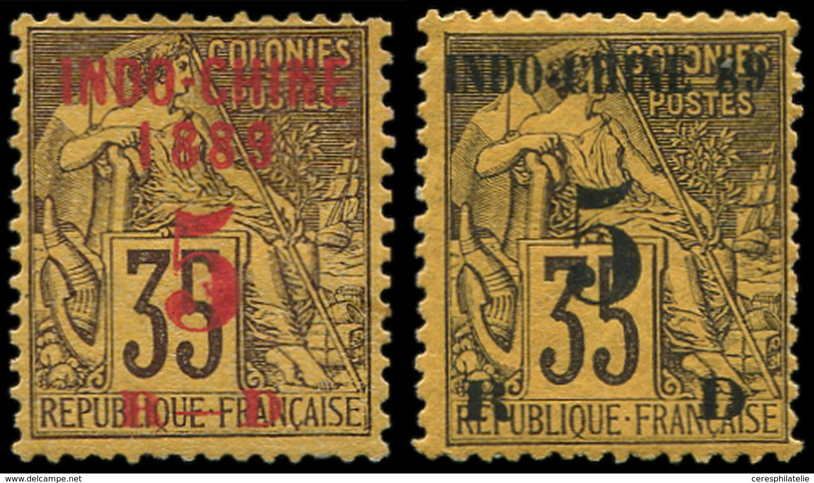 * INDOCHINE 1/2 : 5c. Sur 35c. Violet-noir Sur Jaune, Surcharge Rouge Et Noire, TB - Other & Unclassified