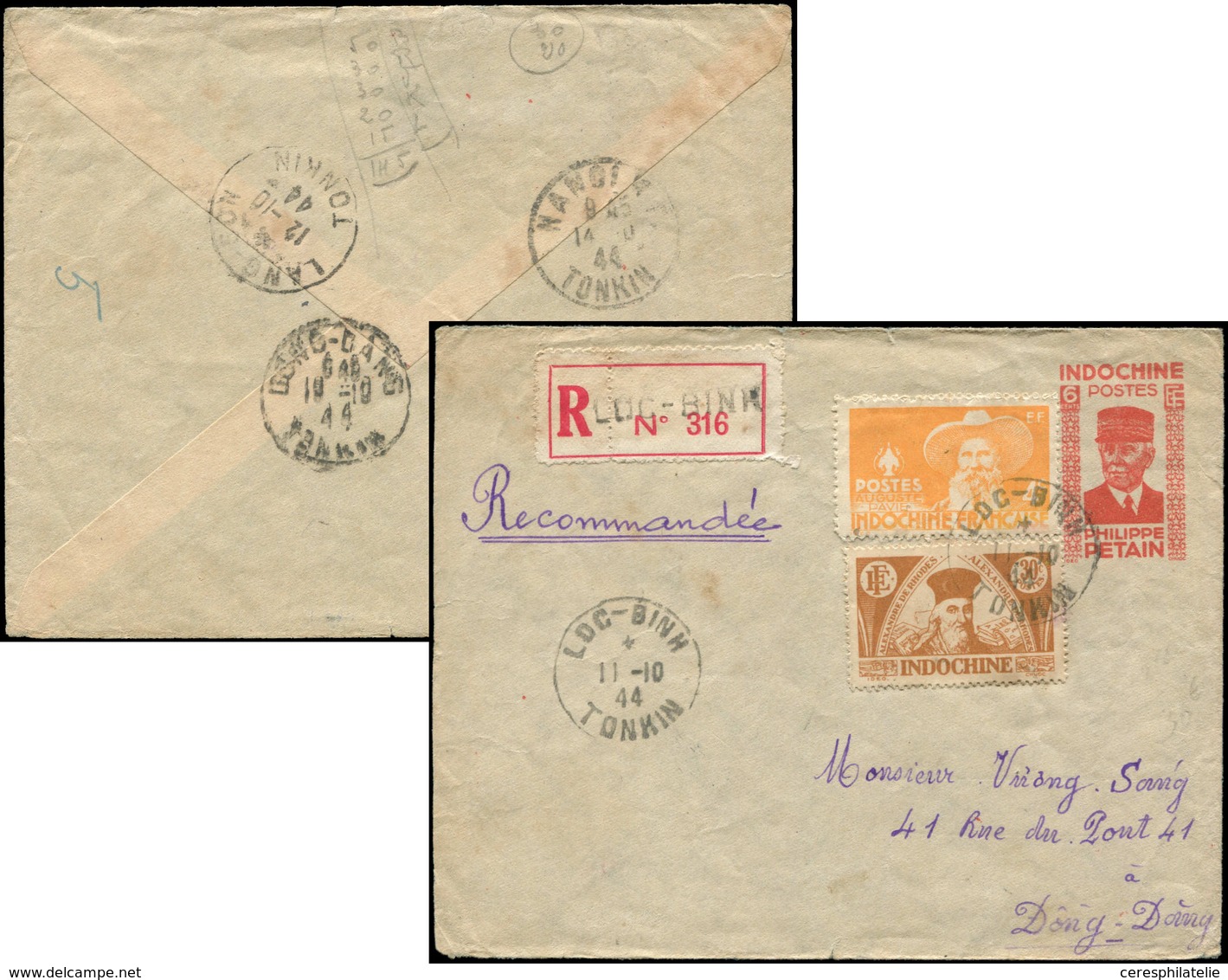 Let INDOCHINE Env. Entier Rec. 6c. Pétain Affr. N°253 Et 290 Obl. LOC-BINH/TONKIN 11/10/44, Arr. DONG-DANG, R Et TB - Other & Unclassified