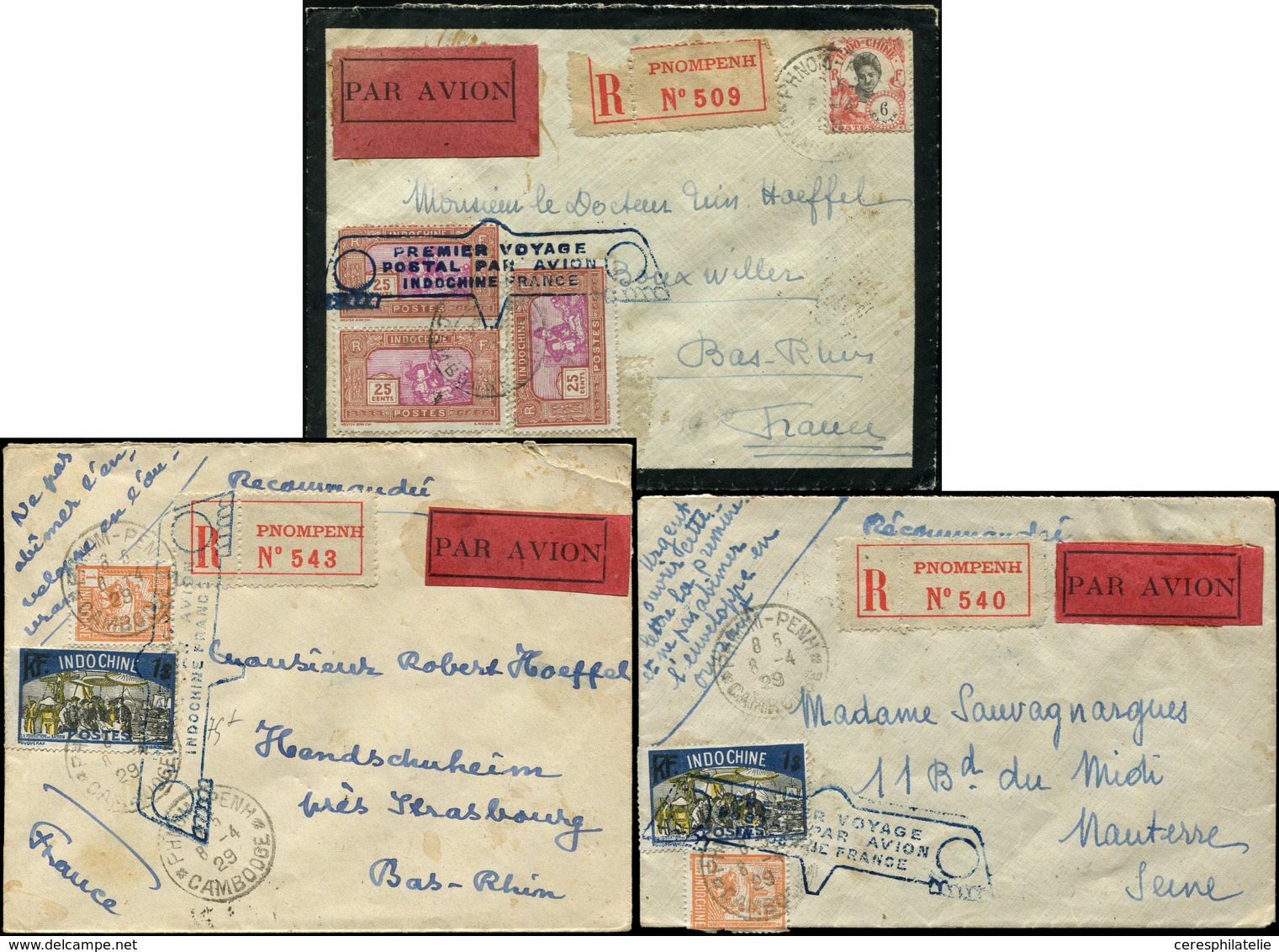 Let INDOCHINE 3 Env. Rec. Par AVION De PHNOM-PENH Avec Griffe "1er Voyage/Postal Par Avion/Indochine France" 1929, TB - Sonstige & Ohne Zuordnung