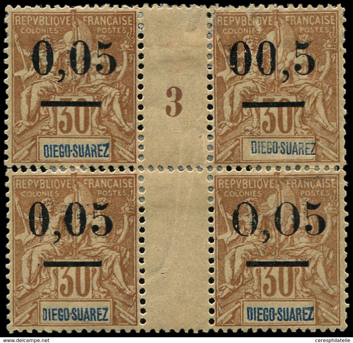 * MADAGASCAR 59c : 00,5 Sur 30c. Brun De Diego-Suarez, Virgule Mal Placée Dans Un BLOC De 4 Mill.3, Dont 1 T. GROS Zéro, - Sonstige & Ohne Zuordnung