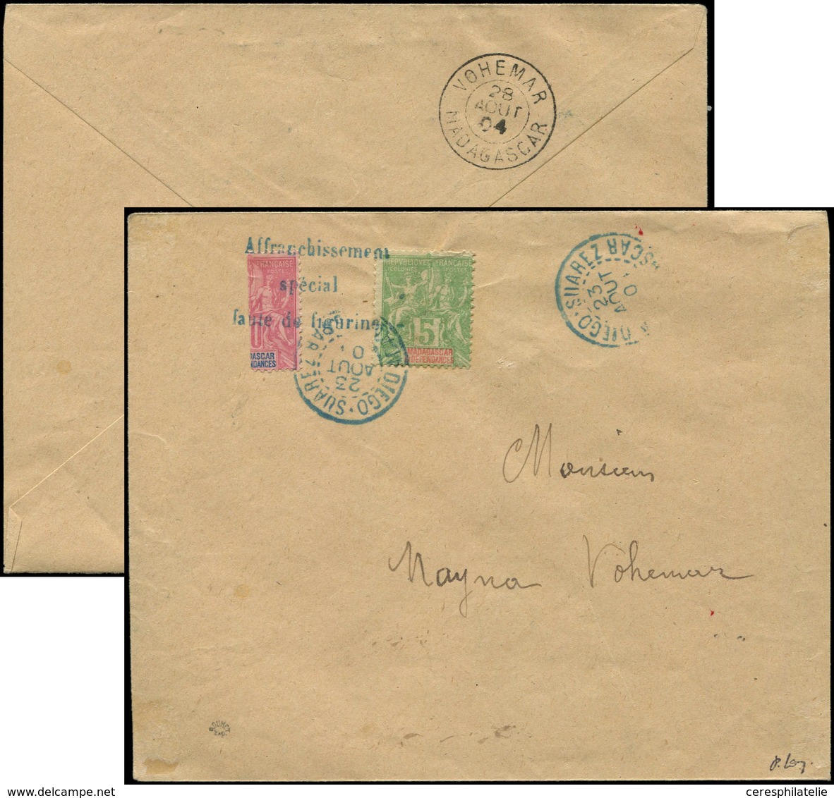 Let MADAGASCAR 88 : Moitié De 50c. Rose Et N°42A 5c. Vert-jaune, Obl. DIEGO-SUAREZ 23/8/0(4) S. Env., Arr. VOHEMAR Le 28 - Sonstige & Ohne Zuordnung