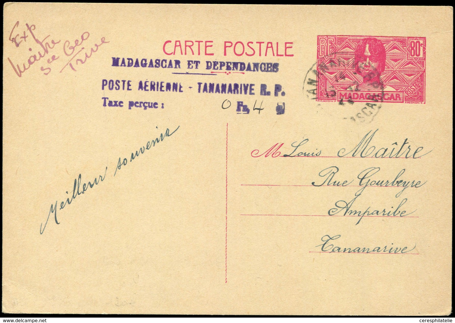 Let MADAGASCAR CP Entier 80c. (ACEP N°10) Obl. TANANARIVE 15/12/44, Griffe "POSTE AERIENNE-/Taxe Perçue, Superbe - Other & Unclassified