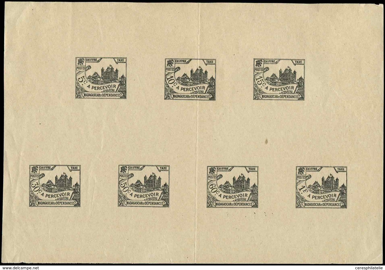 (*) MADAGASCAR Taxe 10/16 : Palais Royal De Tananarive, Type NON EMIS, 7 Valeurs Imprimées En Noir S. Feuillet 159 X 110 - Other & Unclassified