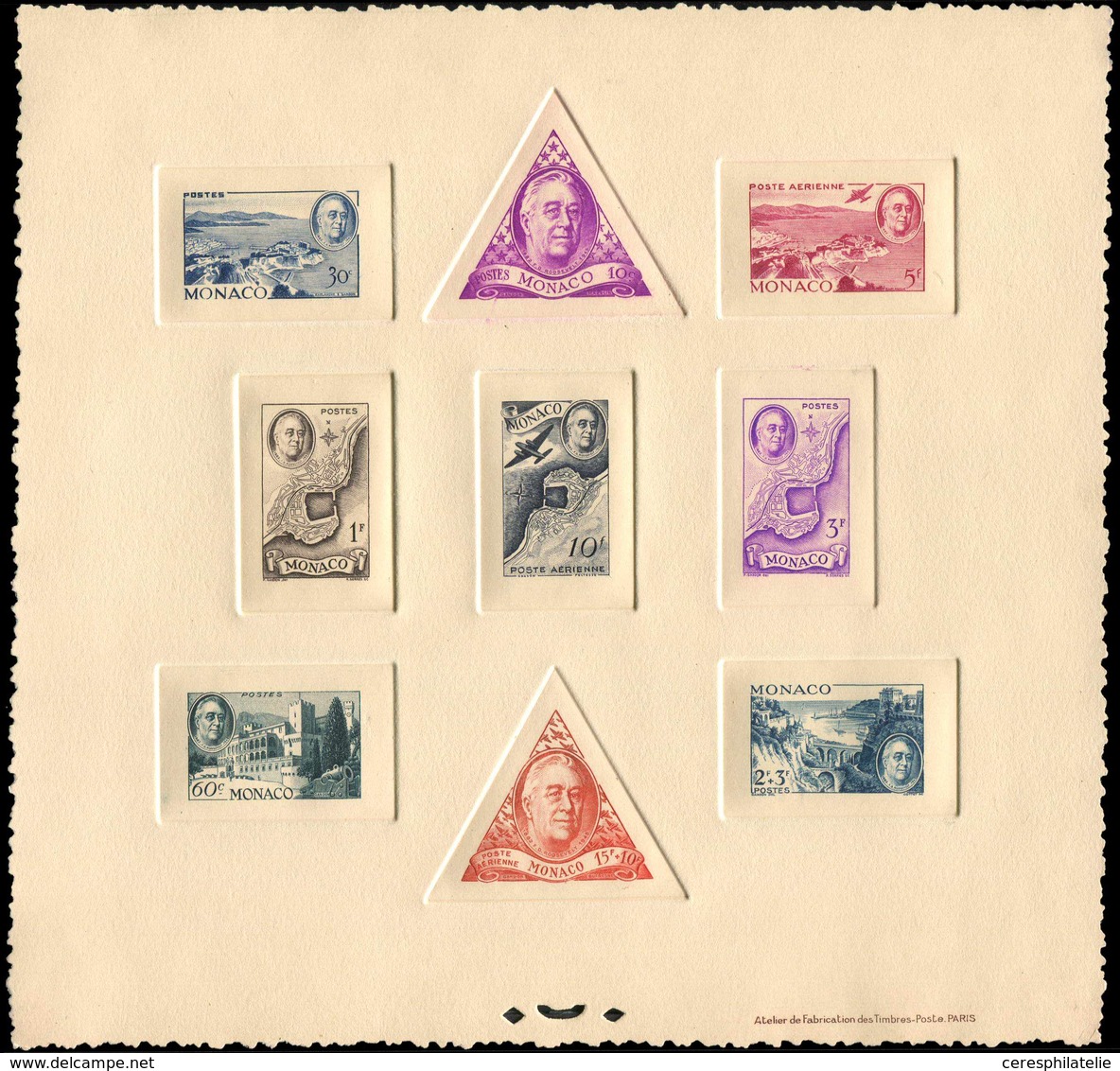 MONACO 295/300 Et PA 19/21 Roosevelt, Les 9 Valeurs En épreuve Collective, TB - Postmarks