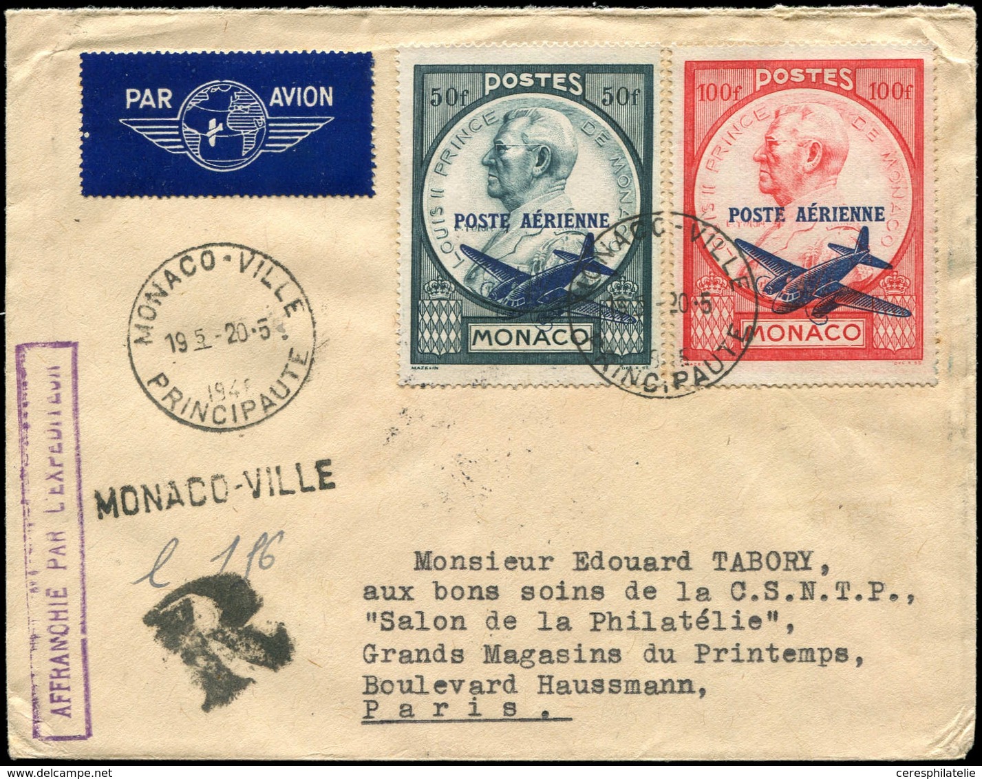 Let MONACO PA 13/14 Obl. MONACO-VILLE 20/5/46 Sur Env. Rec., TB - Luftfahrt