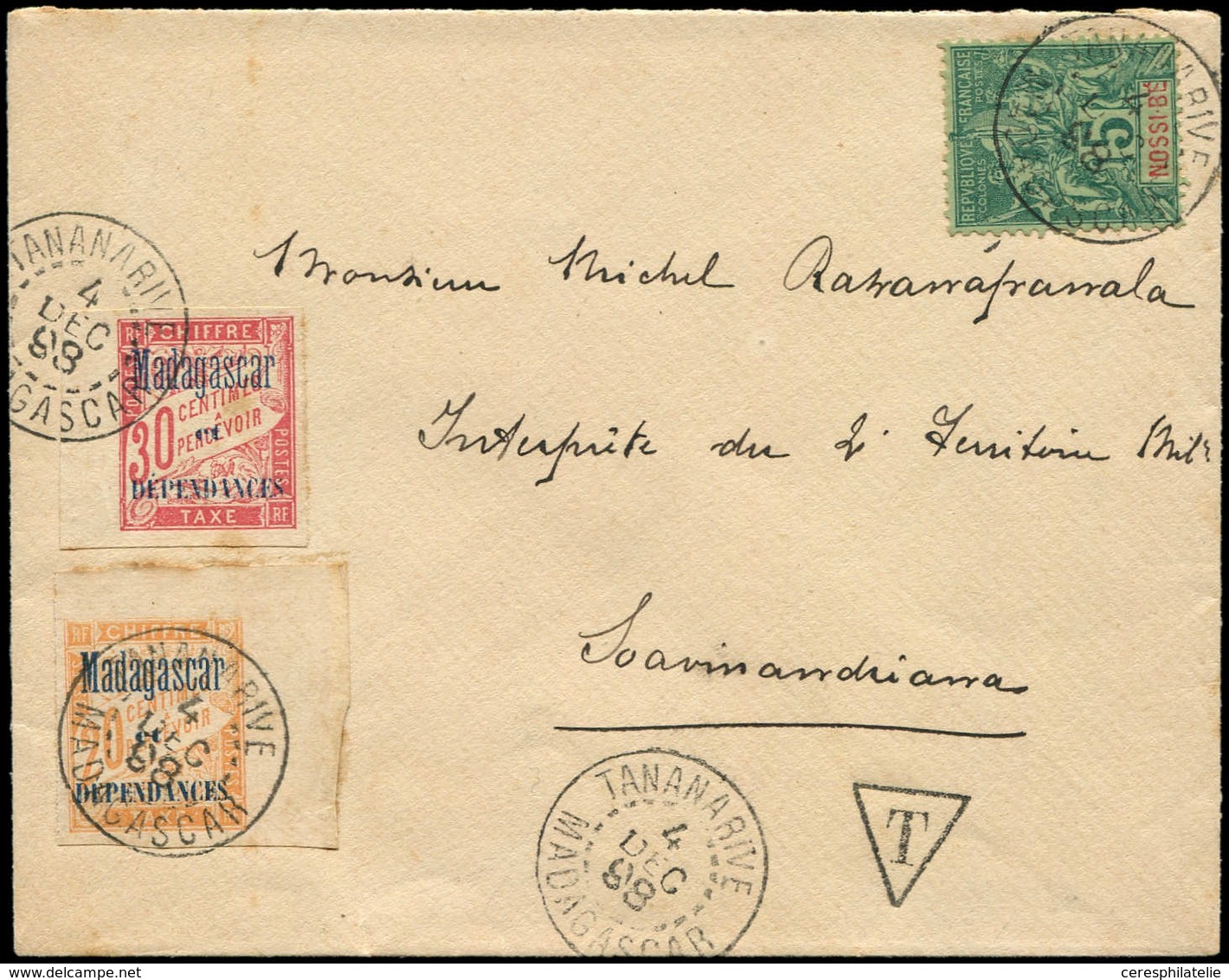 Let NOSSI-BE 30 : 5c. Vert, Obl. TANANARIVE 4/12/88 S. Env. Taxée Avec TP Taxe De Madagascar N°3 Et 4 Obl. 4/12, TB - Altri & Non Classificati