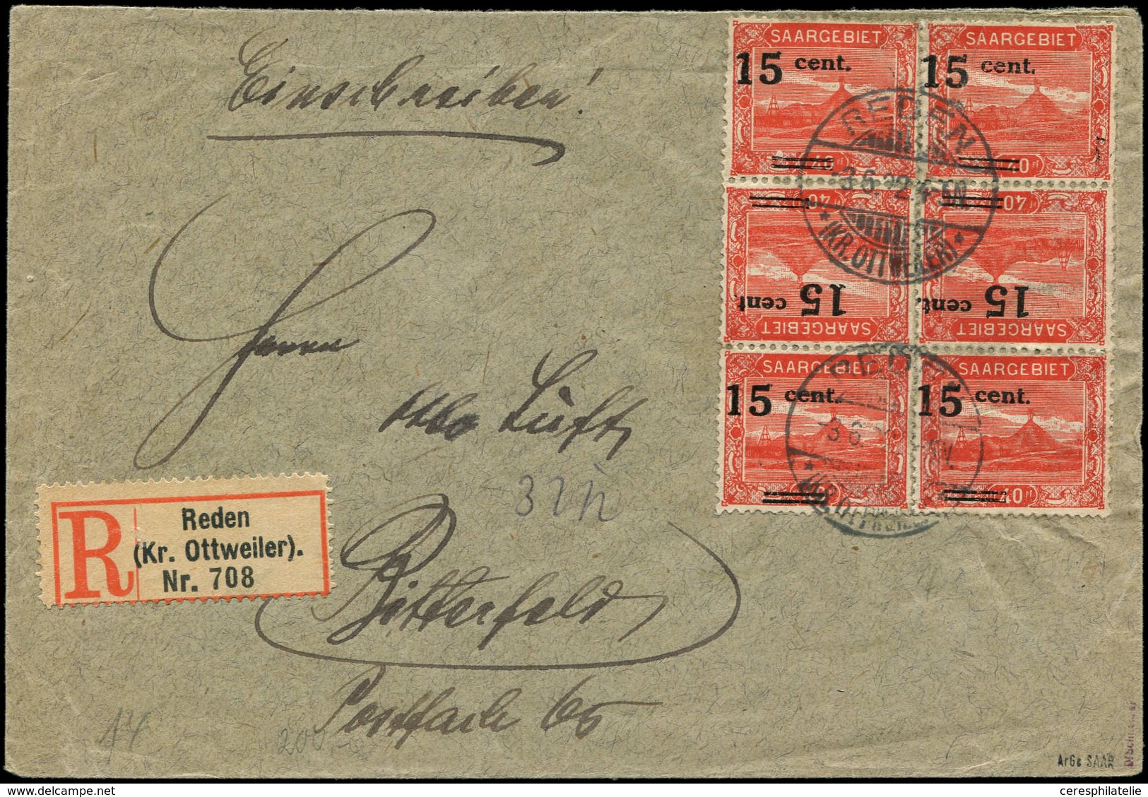 Let SARRE 72b : 15c. Sur 40pf. Rouge, 2 Ex. TETE-BECHE Dans Un BLOC De 6 Obl. REDEN 3/6/22 Sur Env. Rec., Arr. Le 5/6, S - Unused Stamps