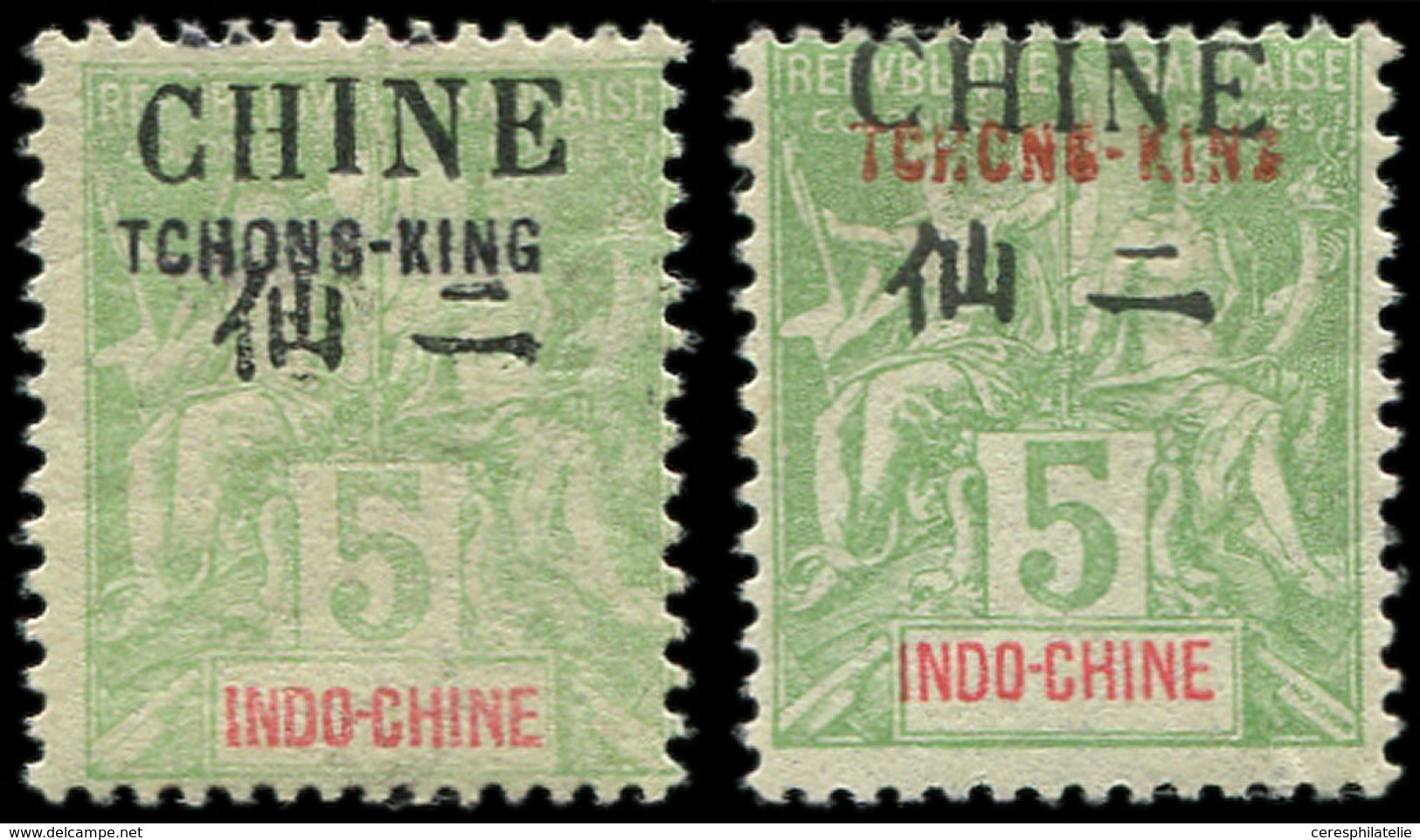 ** TCHONG-KING 21 : 5c. Vert-jaune, 2 Ex. Surcharge Noire Et Rouge, TB. S - Sonstige & Ohne Zuordnung