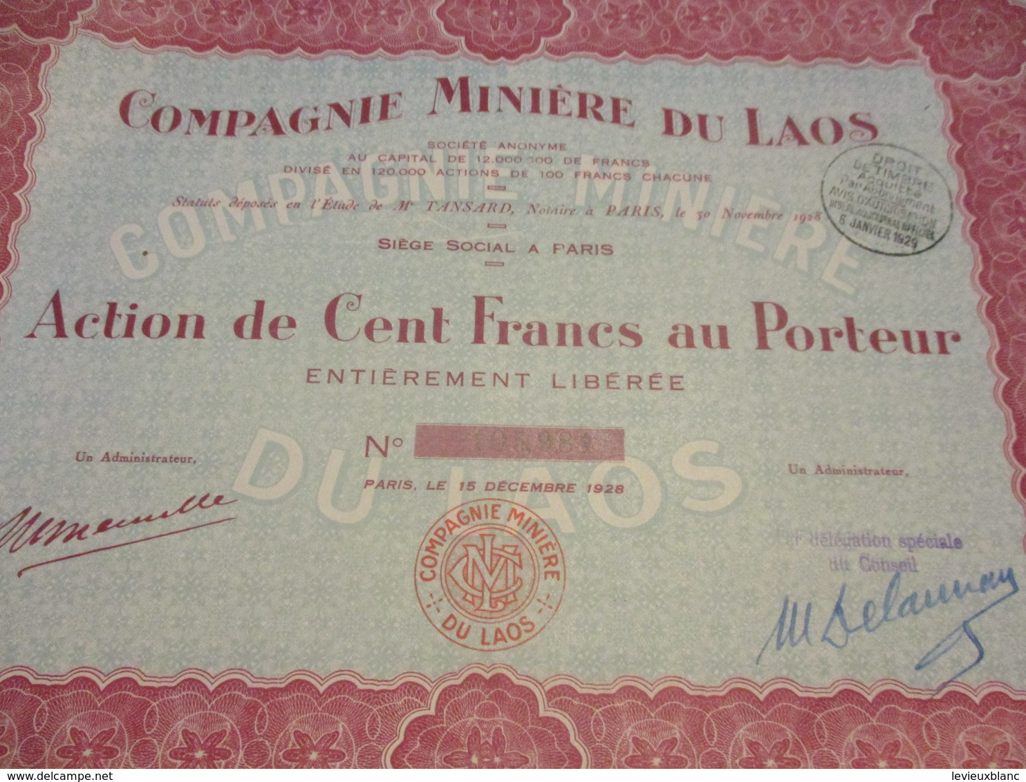 Action De 100 Francs Au Porteur Entiérement Libérée/Compagnie Miniére Du LAOS/Imp Martin Mamy/Lille/PARI /1928    ACT163 - Asie